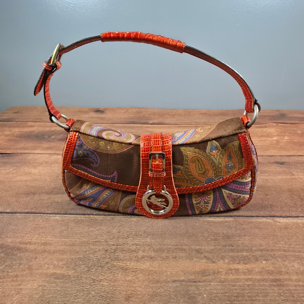 Etro Baguette Bag Womens Small Brown Orange Good Paisley Lizard Embossed Italy